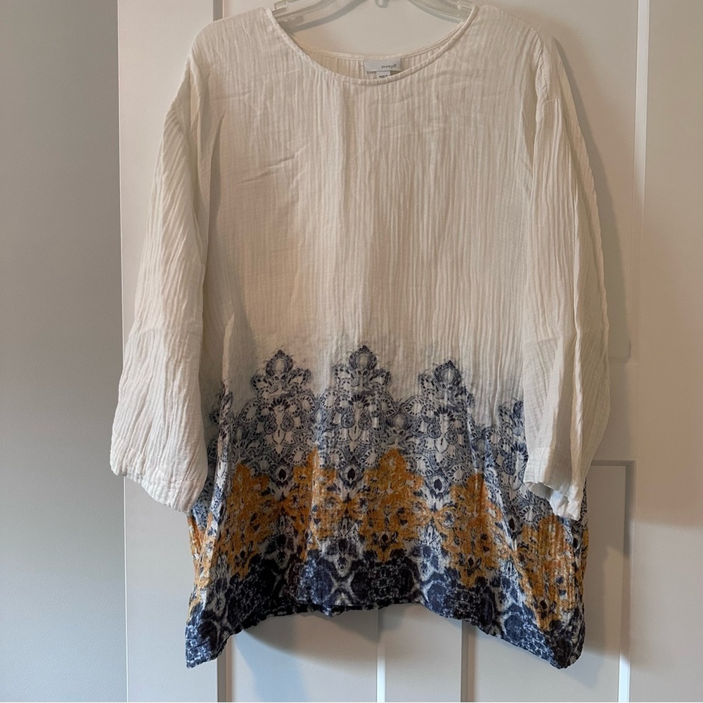 J. Jill Cream Boho Blouse XL Navy & Orange Border Print